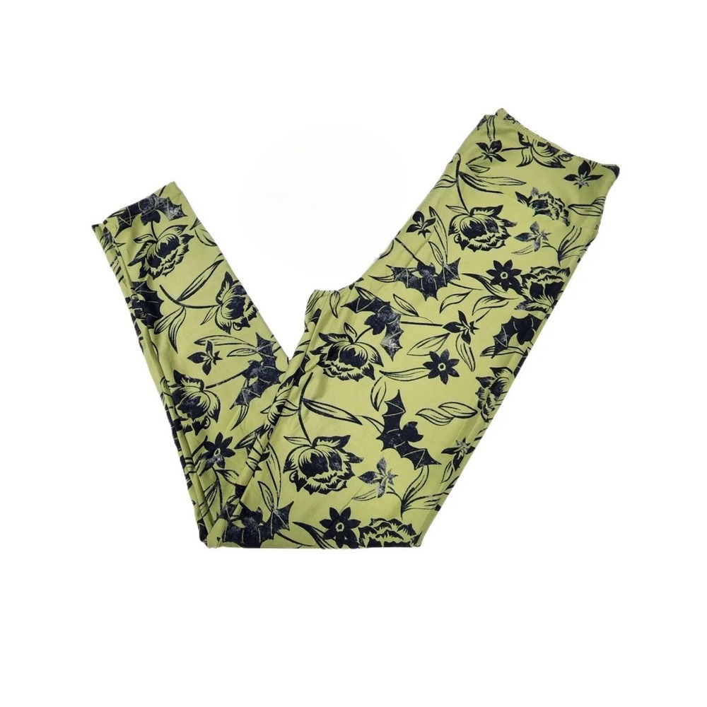 Os LuLaRoe Leggings Halloween Black Green Bats Floral Fits 2/10